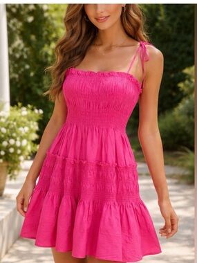 Pinch by Anthropologie Hot Pink Smocked Tie-Shoulder Sundress NWT. Size Medium